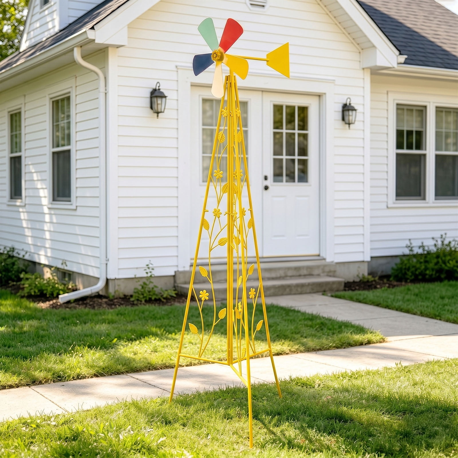 6.2FT Bright Yellow Decorative Iron Windmill with 5 Rotatable Blades, Tripod Base Weather Resistant Garden Wind Spinner for Yard Patio Lawn Outdoor Landscape