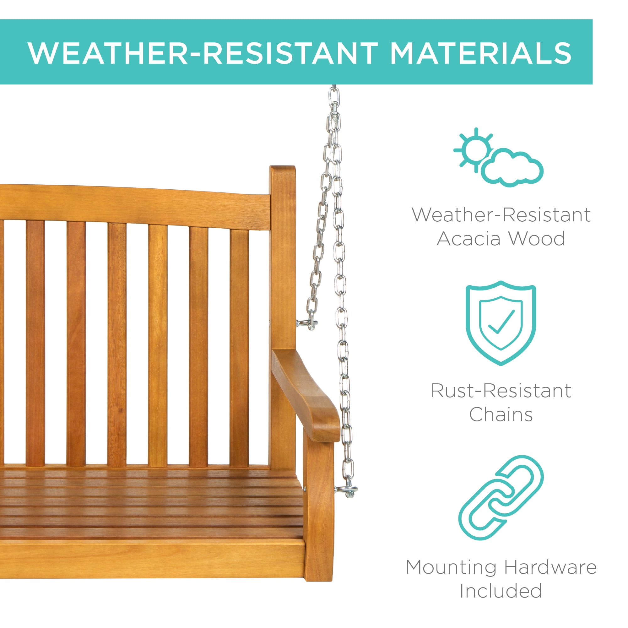 Best Choice Products 48in Wood Porch Swing Outdoor Patio Hanging Bench Chair w/ Mounting Chains, 500lb Capacity - Brown