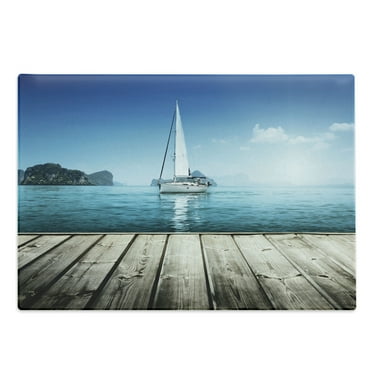 Nautical Cutting Board, Yacht from Wooden Deck Horizon Serenity Seascape Leisure Aquatic Coastal Theme, Decorative Tempered Glass Cutting and Serving Board, Large Size, Blue Brown, by Ambesonne