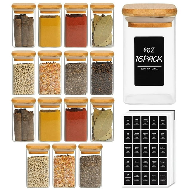Jarros para especias ComSaf, 240 ml, 16 unidades de vidrio con etiquetas, para cocina