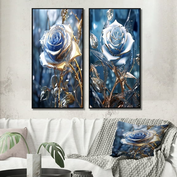 Designart "Morning Light Gilded Blue Rose I" Rose Framed Wall Art Set Of 2 - Traditional Blue Framed Canvas Set For Living Room Decor
