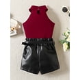 thumbnail image 3 of Coduop Kids Girls Sleeveless Stand Neck Vest and Faux Leather Shorts Outfit Set,with Belt, 3 of 9