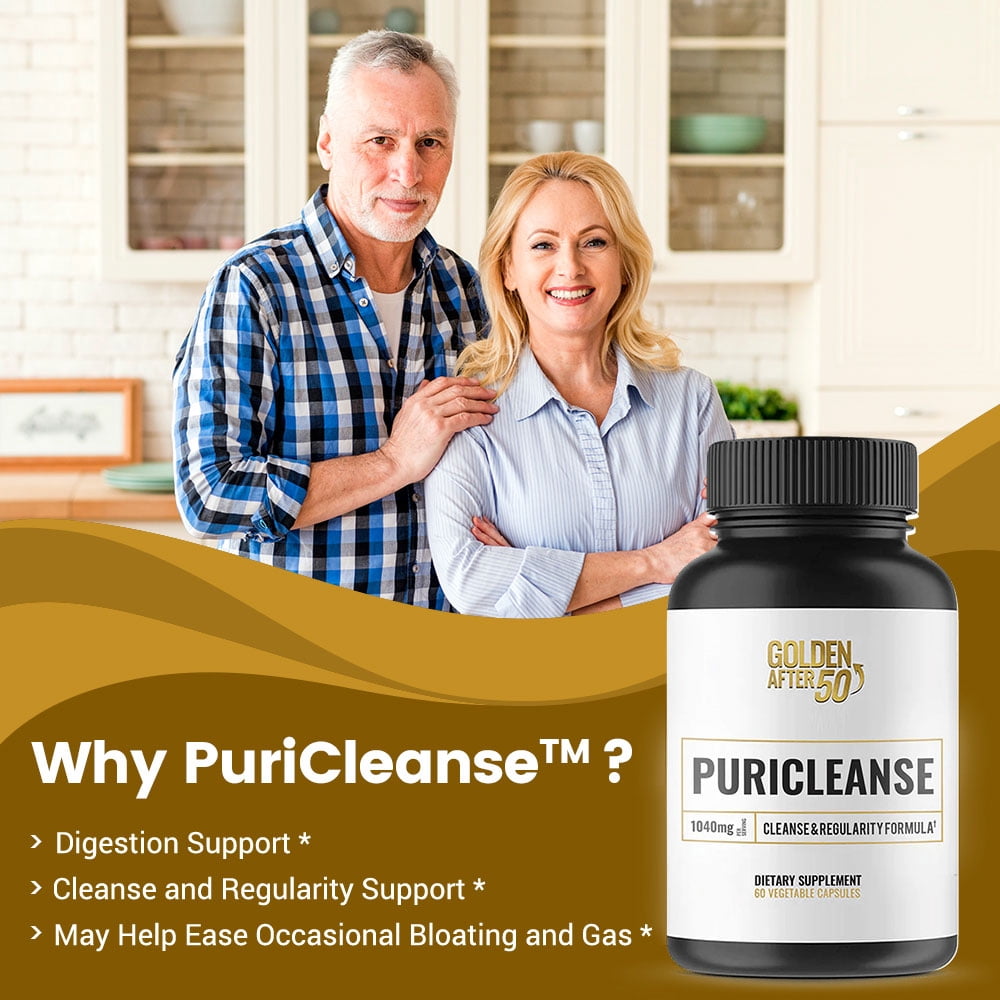 Golden After 50 PuriCleanse - Detox and Colon Cleanse Support - 60 Capsules, 1040mg - Gut Cleanse and Fiber Supplement with Senna Leaf Extract, Psyllium Husk Powder and Probiotics for Men and Women
