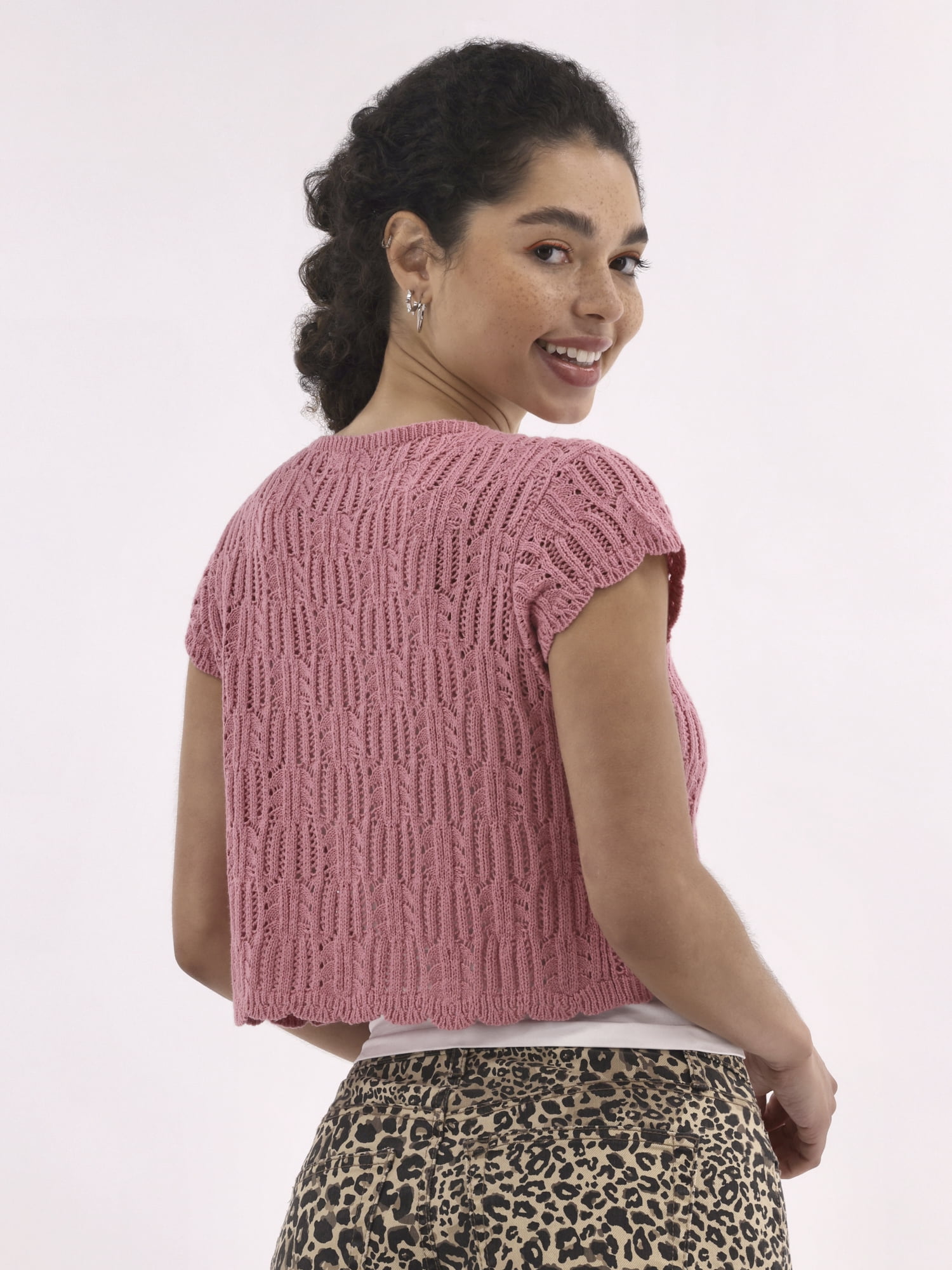 No Boundaries Crochet Cardigan Sweater with Short Sleeves, Lightweight, Women's