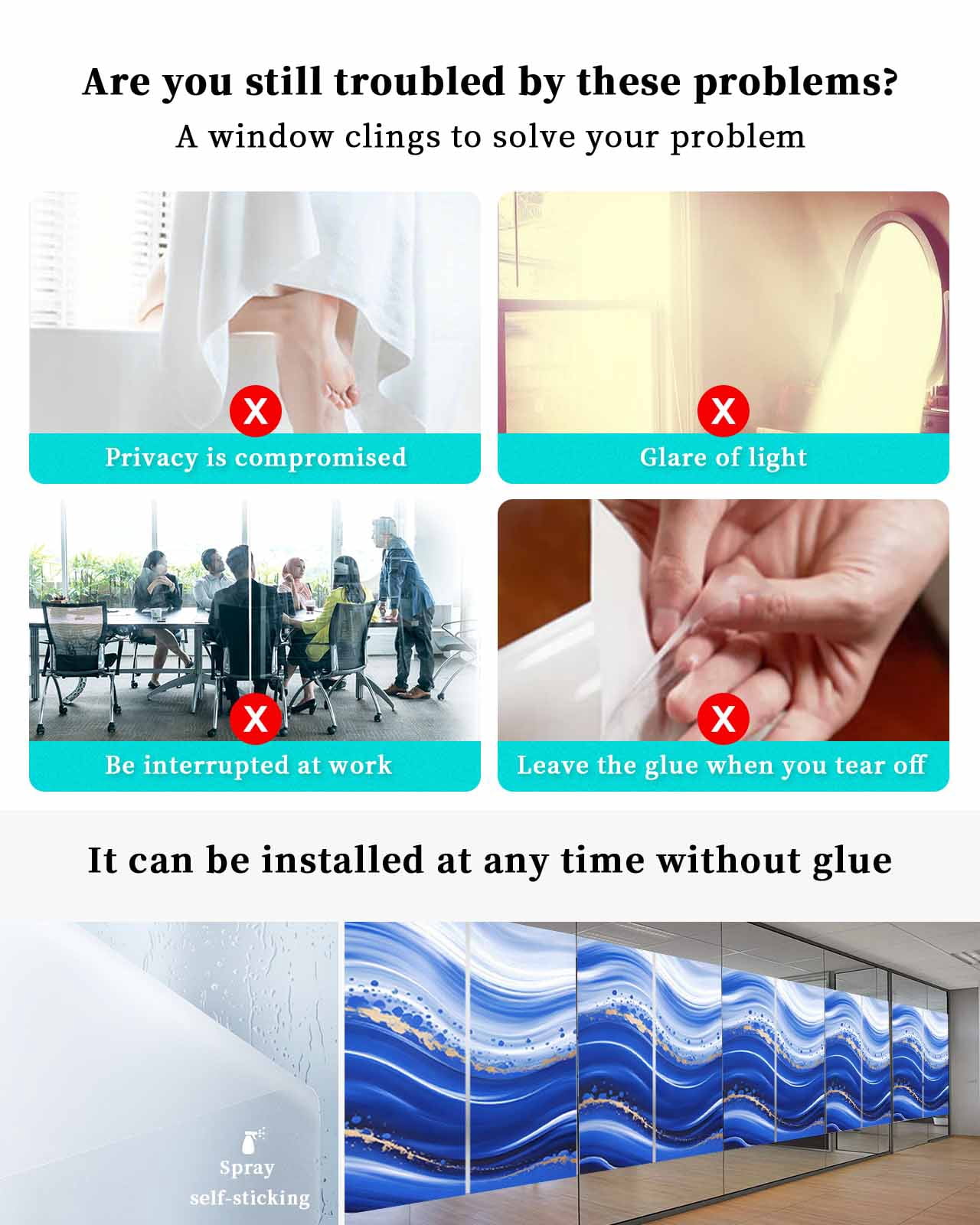 Window Privacy Film Blue Waves Abstract Stained Glass Window Film Decorative Sun Block Window Cover Ocean Fluid Gradient Luxury Window Clings Static Adhesive Sticker for Bathroom 23.6"x59"