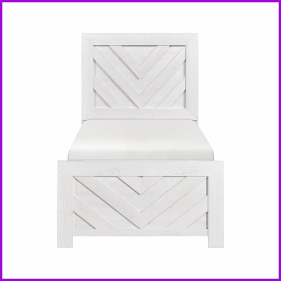Twin Size Engineered Wood Panel Bed – White V-Pattern Headboard Footboard Bedroom Furniture