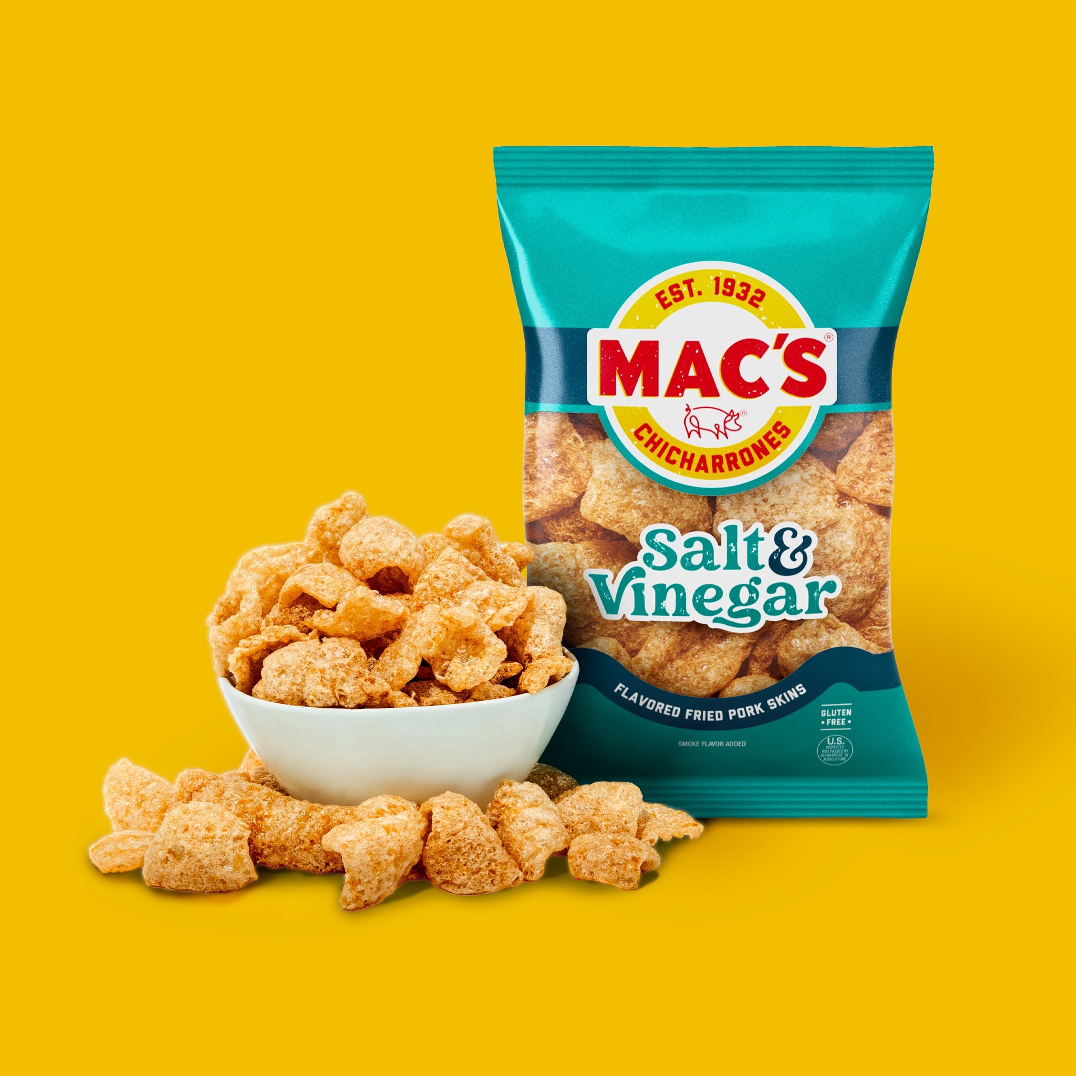 (5 pack) Mac's Salt and Vinegar Chicharrones Pork Rinds, Pork Skins, 4 oz Bag