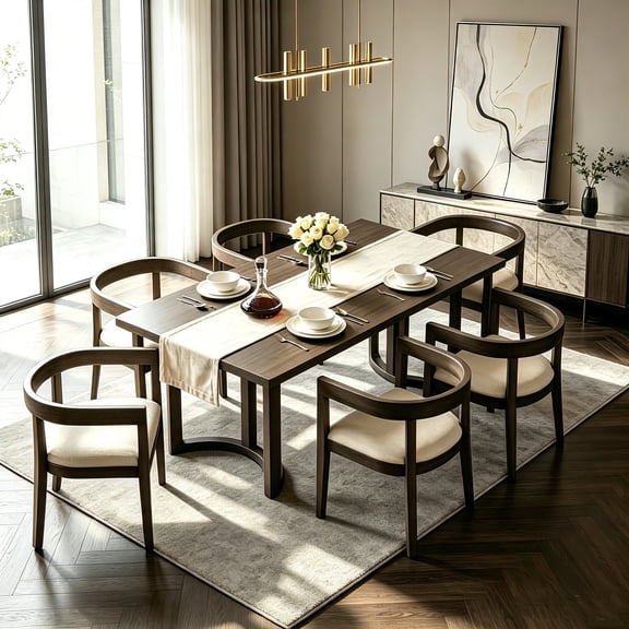 AUU 7-Piece Rectangular Dining Table Set for 6 with Upholstered Barrel-Back Chairs – Wood Grain Kitchen Table with Curved Backs & Padded Seats, Complete Dining Furniture for Dining Room, Kitchen