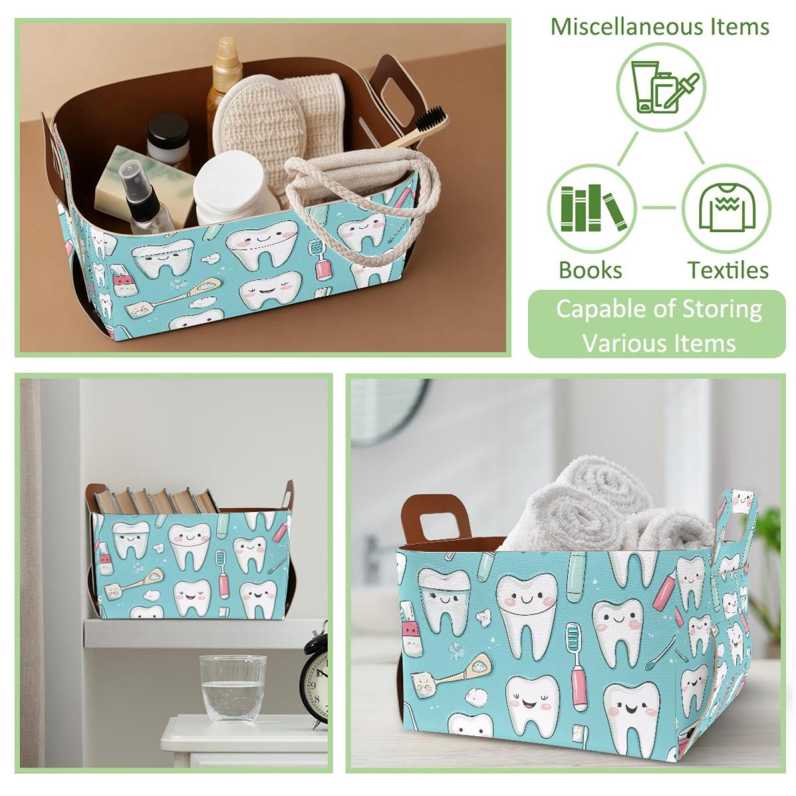 Cartoon Teeth Storage Basket Collapsible Storage Bin, PU Foldable Basket Convenient Box Storage Organizer with Handles for Shelves Office Bedroom Closet Nursery Toys Laundry