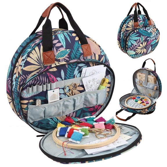 FYJUCPA Embroidery Project Bag, Embroidery Supplies Storage Carrying Tote Case with Multiple Pockets, for Floss Hoop Thread and Stitch Tool Kit Bag Only