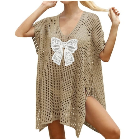 Penkiiy Stylish Summer Women s Bikini Cover-Up: Boho Lace-Up Beach Shirt with Bow Tie-Front Design for Pool & Vacation Khaki