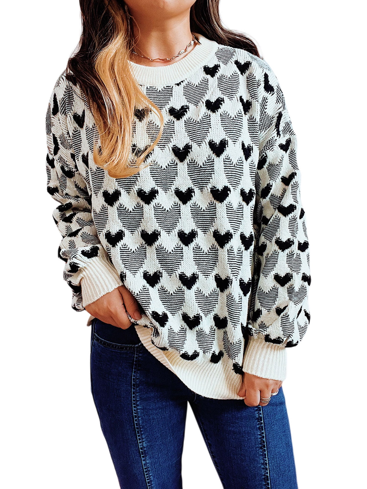 Sweater Women Heart Sweaters Crew Neck 