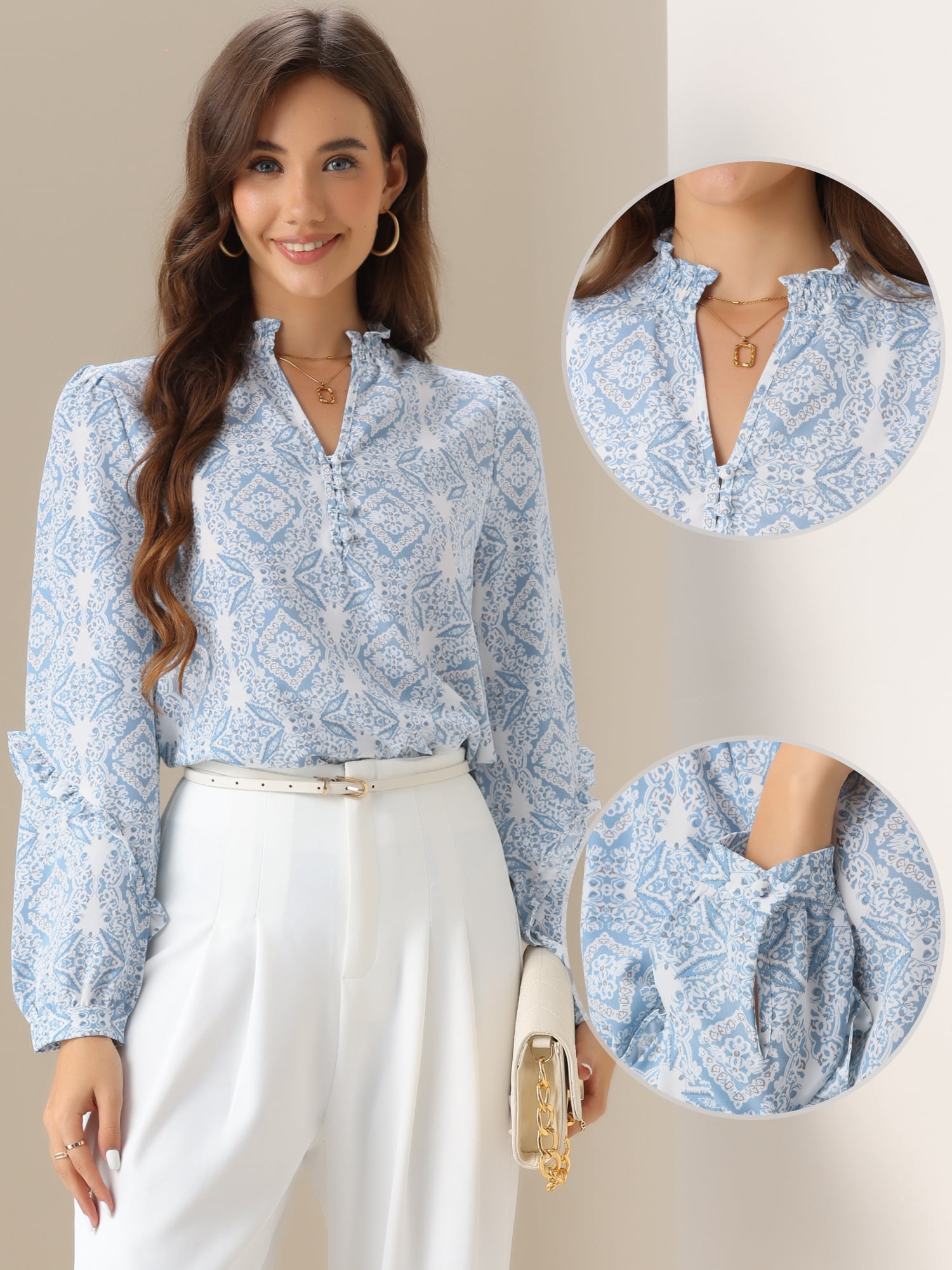 DARING DIVA Women's V Neck Printed Long Sleeve Dressy Blouse S Blue