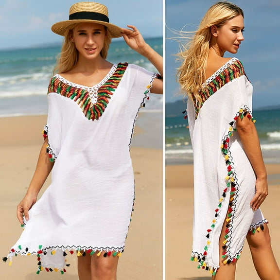 Bikini Cover-up Tassel Color Matching Short Sleeves Loose Above Knee Length Sunscreen V Neck Batwing Sleeve Women Beach Dress Female Vacation Clothes