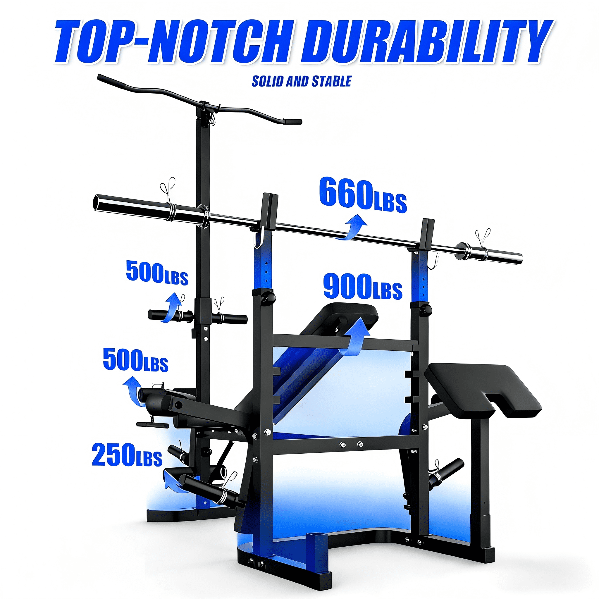 Adjustable Weight Bench 900lbs 9 in 1 with Lat Pull Down, Leg Extension and Leg Curl, Chest Fly and Preacher Curl Workout Bench Multi-Function Strength Training Bench Press Exercise Equipment