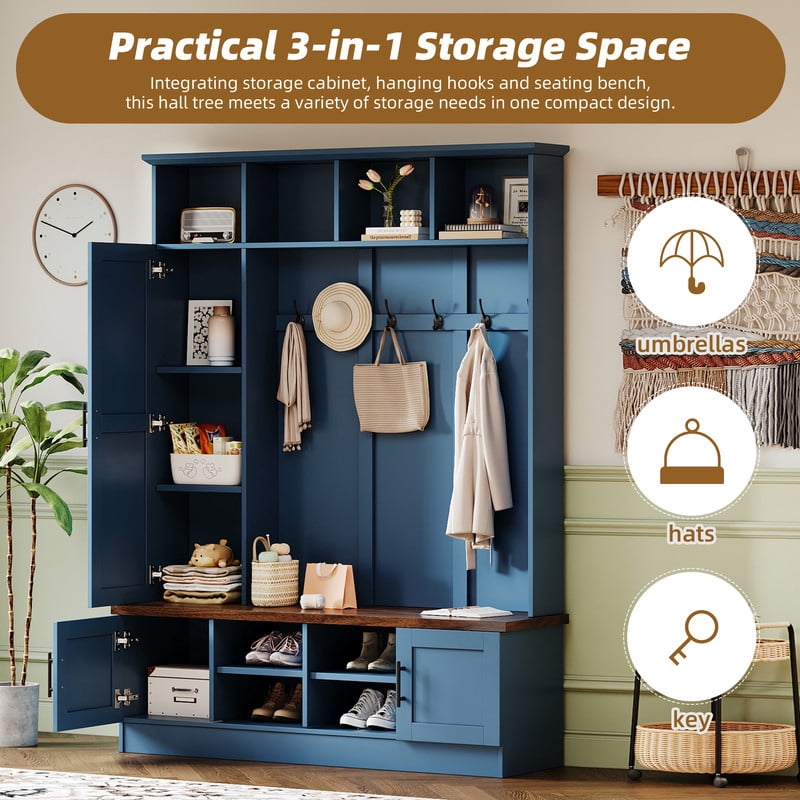 Farmhouse 3-in-1 Hall Tree with 6 Hooks, Entryway Coat Rack with Adjustable Shelves, Versatile Shoe Storage Bench with Open Cubbies