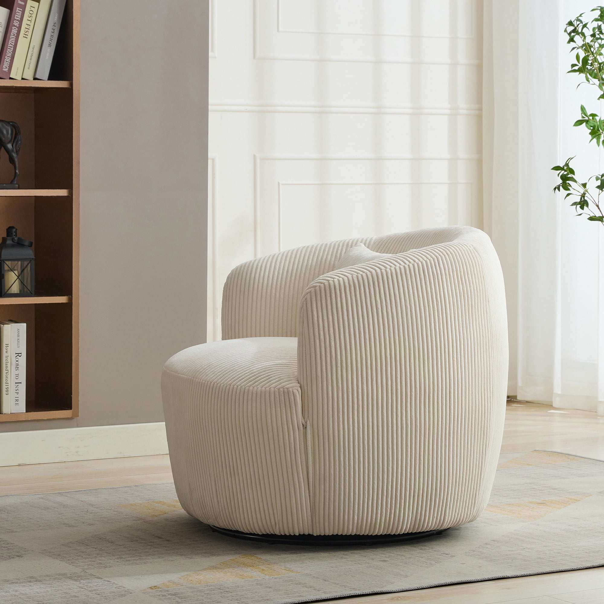 Gewnee 34.25 "Wide Upholstered Corduroy 360° Swivel Barrel Soft Accent Chair with Pillow, Circular Reading Armchair for Club, Living Room, Bedroom, Office, Lounge, Ivory.