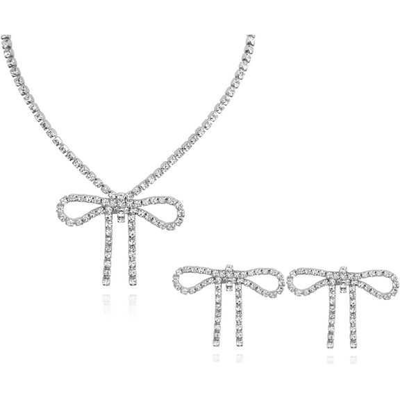 Unique Rhinestone Bow Pendant Bling Crystal Choker Pendant Necklace and Earrings Set Chic Boho Bow Tie Necklace for Women,Cute Dainty CZ Y3K Necklace Statement Vintage Jewelry Set