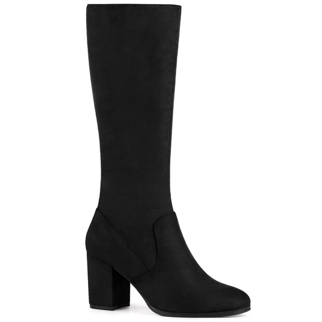 Unique Bargains Bottes Hauteur Genou à Bout Rond à Talons Épais pour Femme Noires (Taille 9,5)