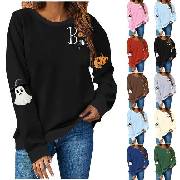 HomeDM Halloween Sweatshirts for Women Casual Loose Crewneck Tops Cute Graphic Long Sleeve T Shirts Fall Pullover - Black/L