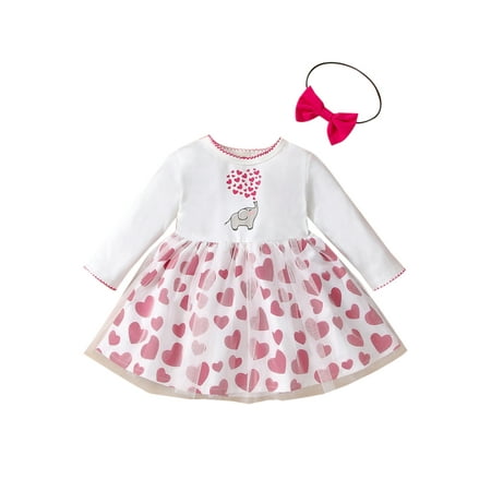 

Toddler Girl Valentine s Day Mesh Dress Cute Elephant Heart Print Long Sleeve Tulle Dress + Headband