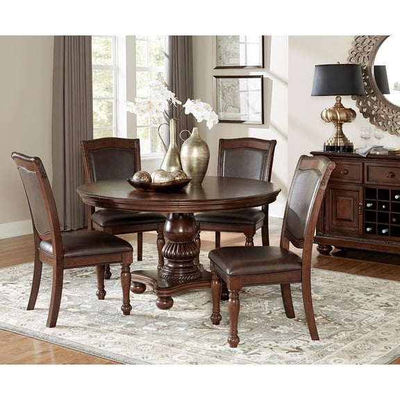 Traditional Brown Cherry Finish 5pc Set Round Table 4 Side Chairs Dining Room Furniture