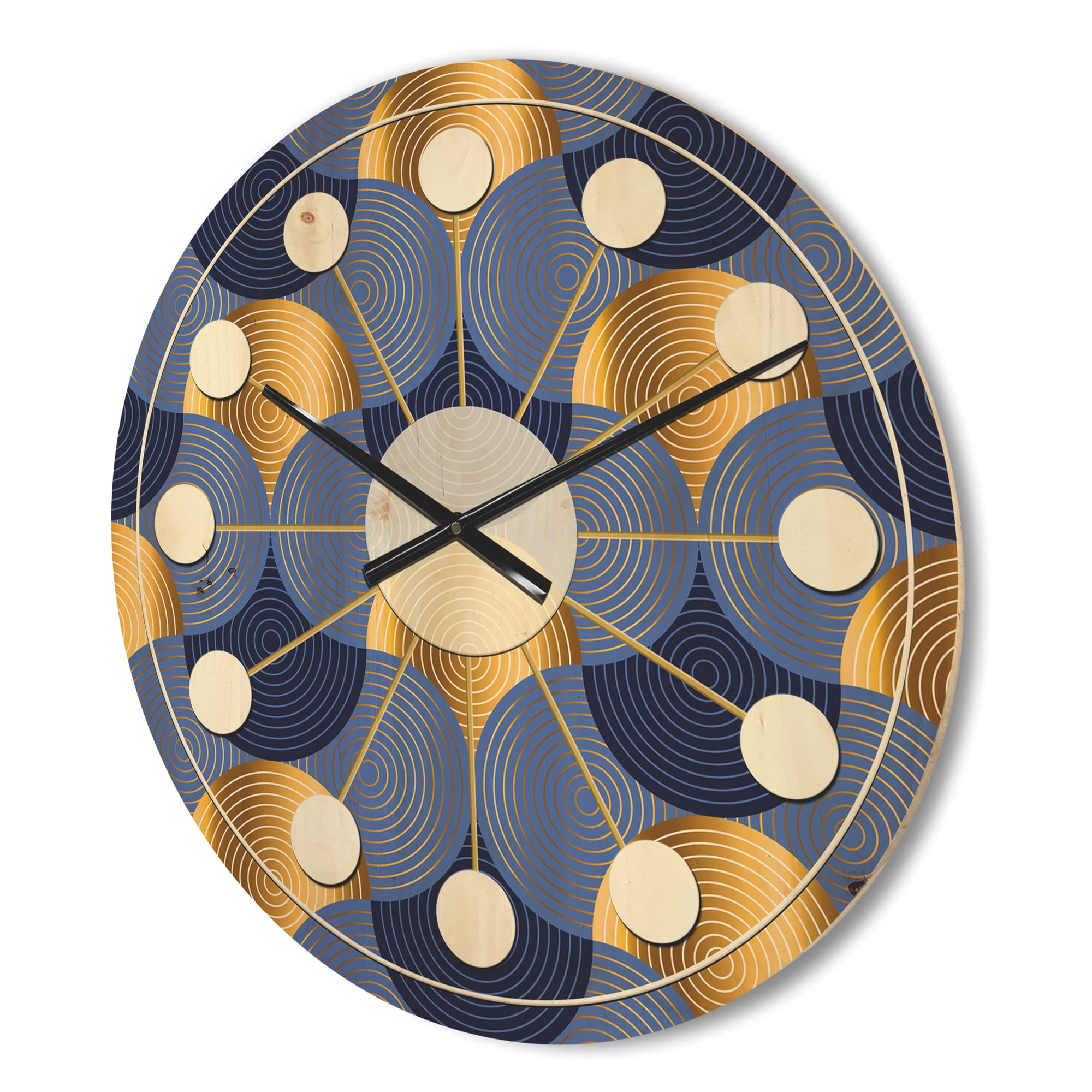 Designart 'Retro Luxury Waves In Blue and Gold VIII' Mid-Century Modern Wood Wall Clock