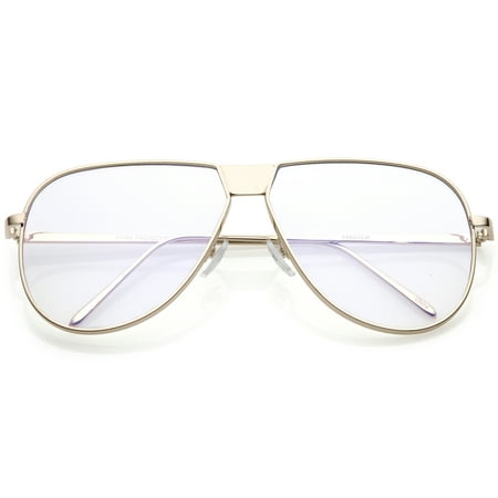 Oversize Full Metal Flat Top Aviator Glasses Clear Flat Lens 60mm (Gold / Clear)