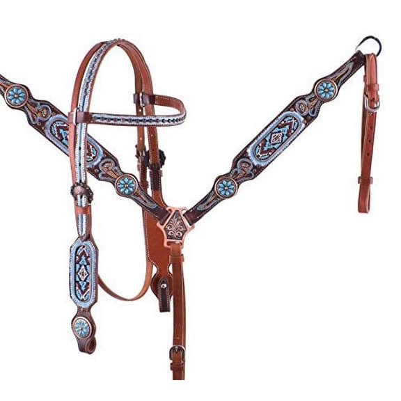 Showman Leather Headstall & Breast Collar Set w/ Light Blue & Burgundy Beaded Design