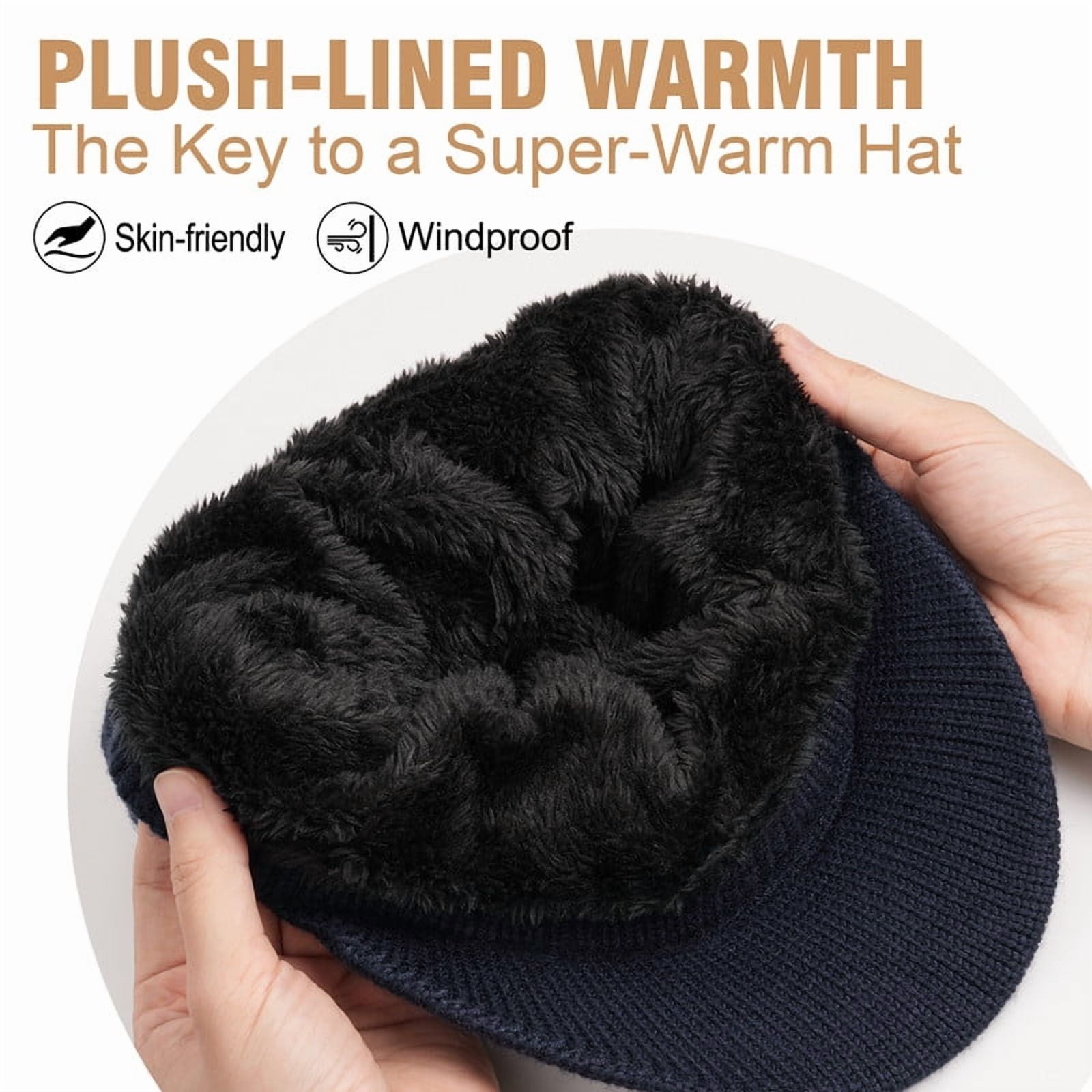 WMCAPS Mens Winter Beanie with Brim - Fleece Lined Thermal Knit Visor Hat for Cold Weather (Slate Gray)