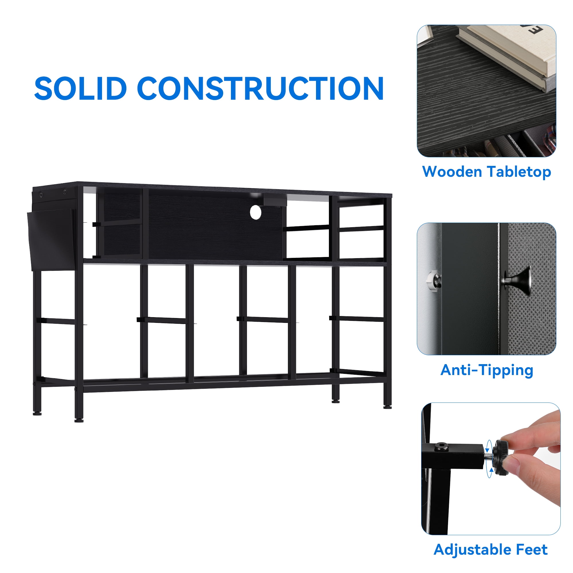 Uforic 10 Drawer Fabric Dressers with Power Outlets LED Lights for up to 55" TV for , Black