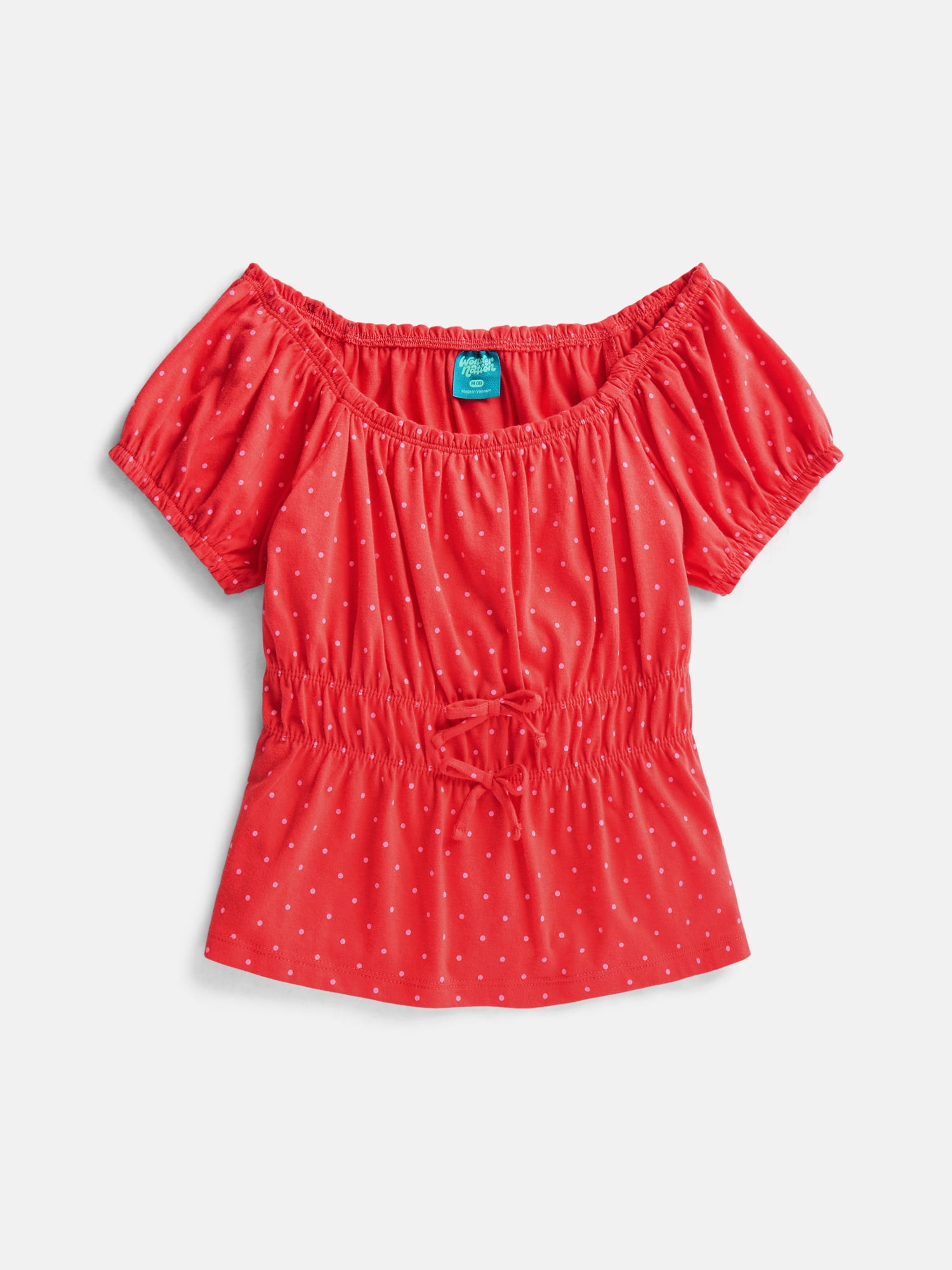 Wonder Nation Girls' Bow Front Peasant Top with Short Puff Sleeves, Sizes 4-18 & Plus
