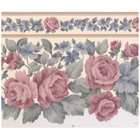 Wallpaper Border - Rouge Pink Rose Mauve Purple Flower Wall Border Retro Design, Prepasted Roll 15 ft X 7 in