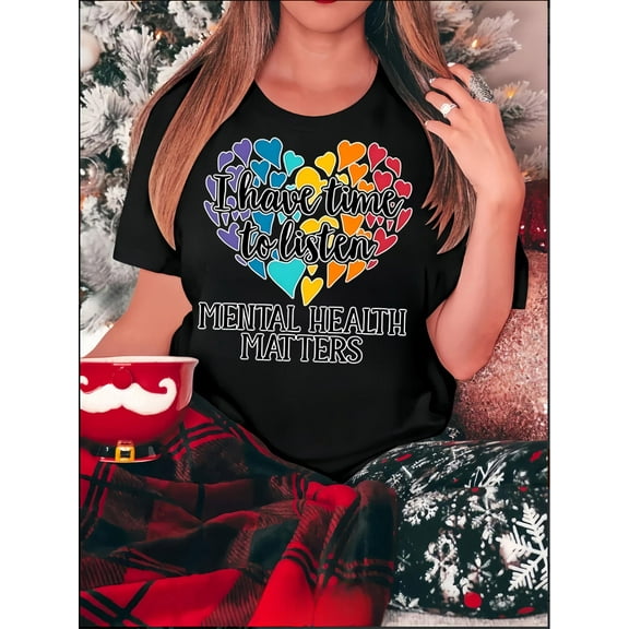 Graphic Print Crew Neck T-Shirt, Casual Short Sleeve T-Shirt for Spring & Summer, Women's Clothing, Colorful Heart Pattern, Fashion Trend, Holiday Com