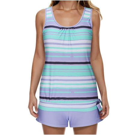 Alkepwun Tankini Swimsuits for Women Tummy Control Swimwear Striped Two Piece Bathing Suit Tie Side Tankini Top with Boyshorts