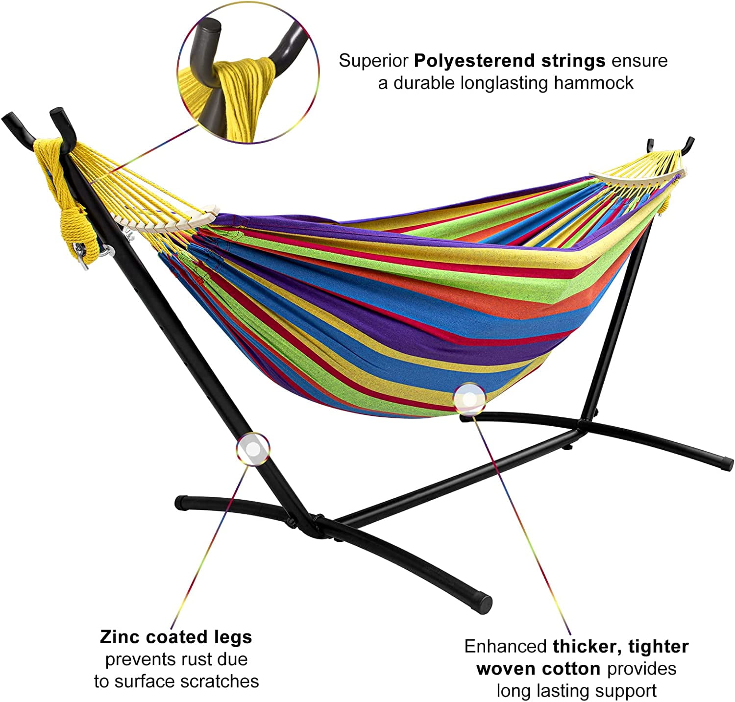 SZHLUX Double Hammock with Stand Included 450lb Capacity Steel Stand, Premium Carry Bag Included.Indoor Outdoor Brazilian-Style Cotton Bed for Backyard, Camping,Garden,Green