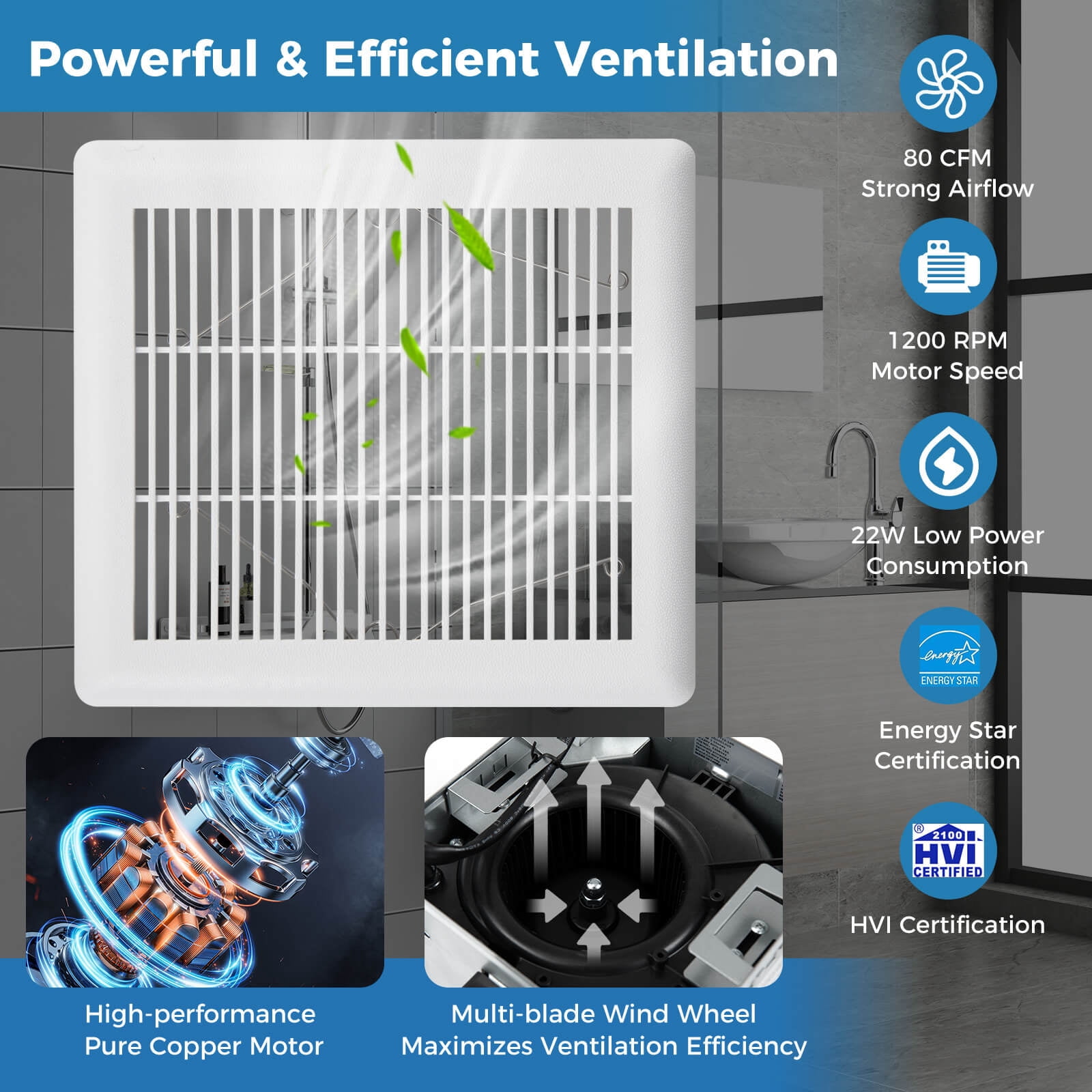 Costway 80 CFM Ceiling Mount Bathroom Exhaust Fan with Metal Housing 4 Inches Duct White
