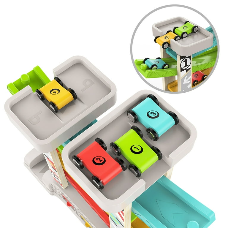 TOP BRIGHT Car Ramp Toy for 2 3 Year Old Boy Gifts Toddler Race Track Toy for 18 Month Old with 4 Wooden Cars and 3 Car Garage