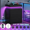 thumbnail image 3 of Nightstand with Charging Station and LED Lights, Led Nightstand with Sliding Top, Bedside Table with Drawers, Modern End Table Side Table with USB Ports and Outlets (Black), 3 of 7