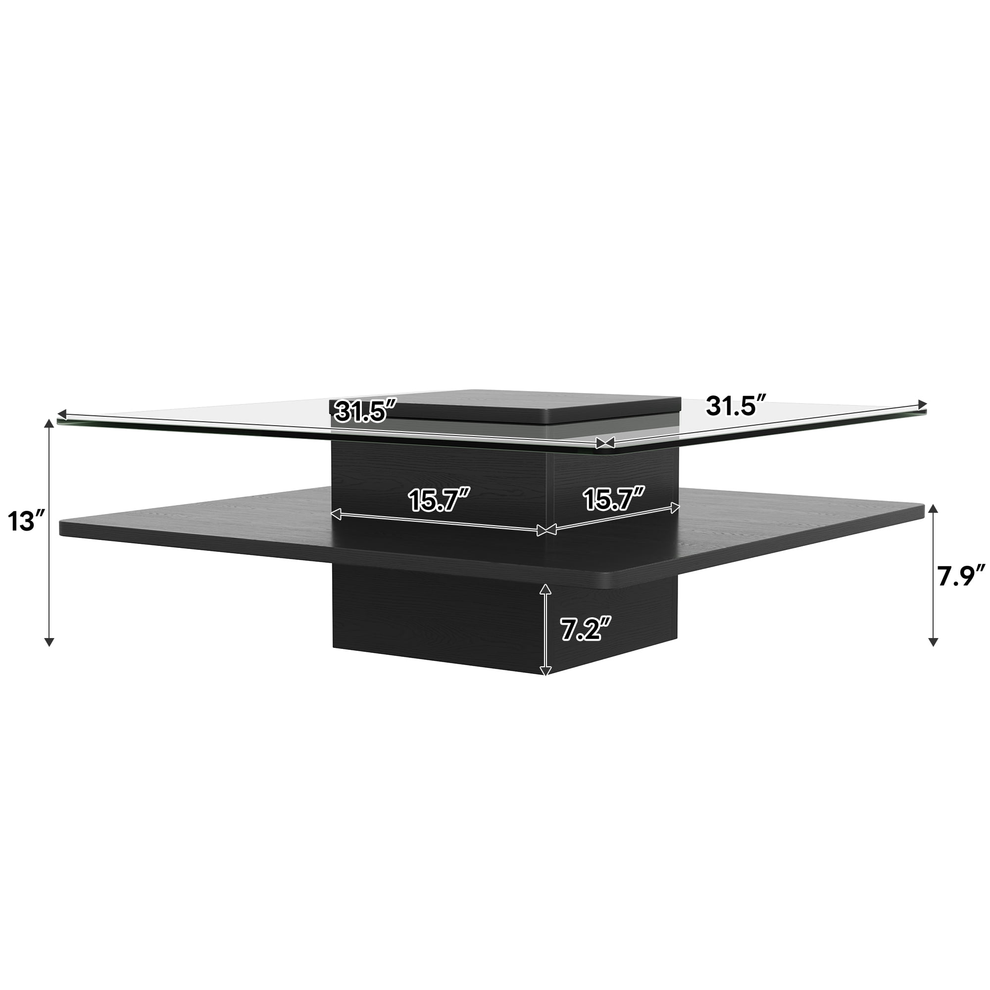 GARITIN Coffee Table 31.5 Inch, Square Tempered Glass Top with Storage Shelf and Black Finish Frame for Living Room