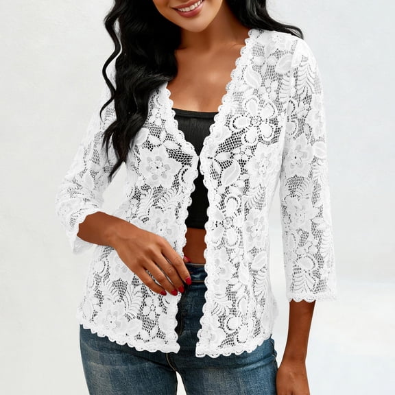 Vmvidoty Lace Cardigan for Women Open Front Long Sleeve Sheer Lace Floral Crochet Summer Shrug Bolero Cover Up White XL