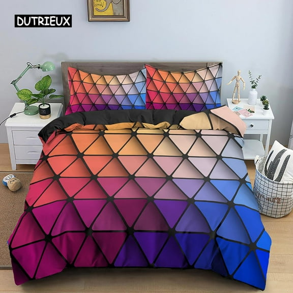 Geometric Printed Bedding Set Microfiber Colorful Lines Duvet Cover with Zipper Closure King Size Q