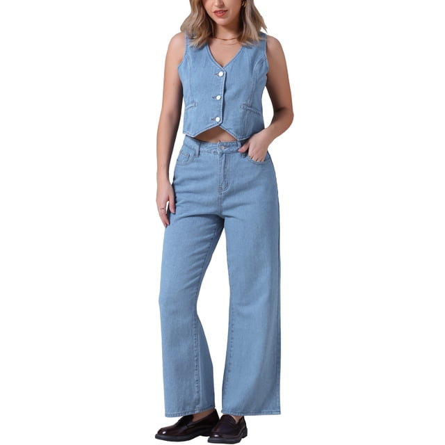 Conjunto de 2 piezas de chaleco de mezclilla y jeans de mujer INSPIRE CHIC en azul claro, talla S