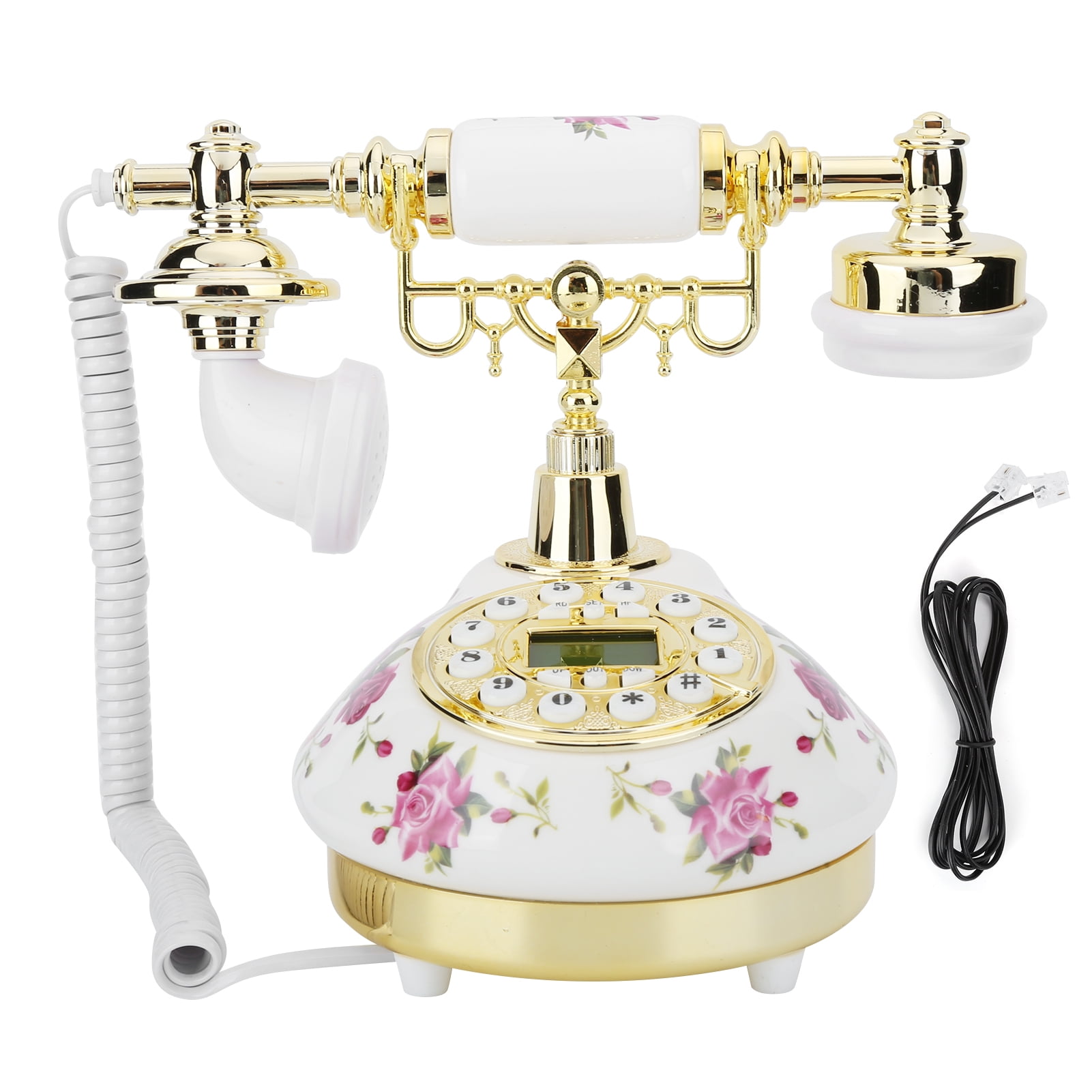 Qiilu Retro Landline Phone, CT‑N8006 Vintage Ceramic White Gold Flower Pattern Corded Telephone