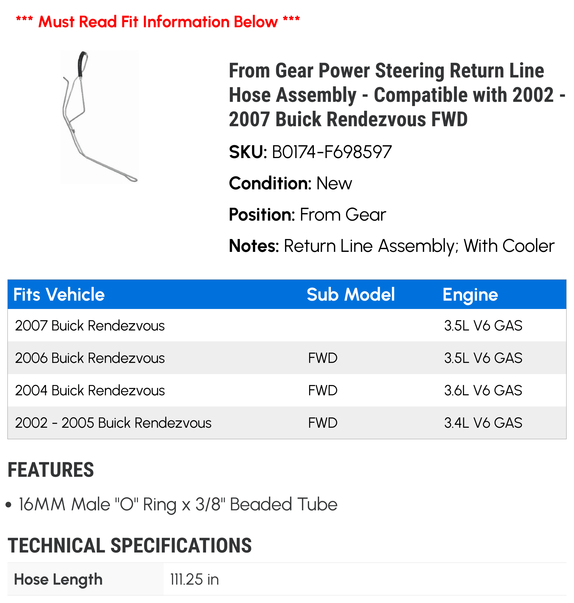 From Gear Power Steering Return Line Hose Assembly - Compatible with 2002 - 2007 Buick Rendezvous FWD 2003 2004 2005 2006