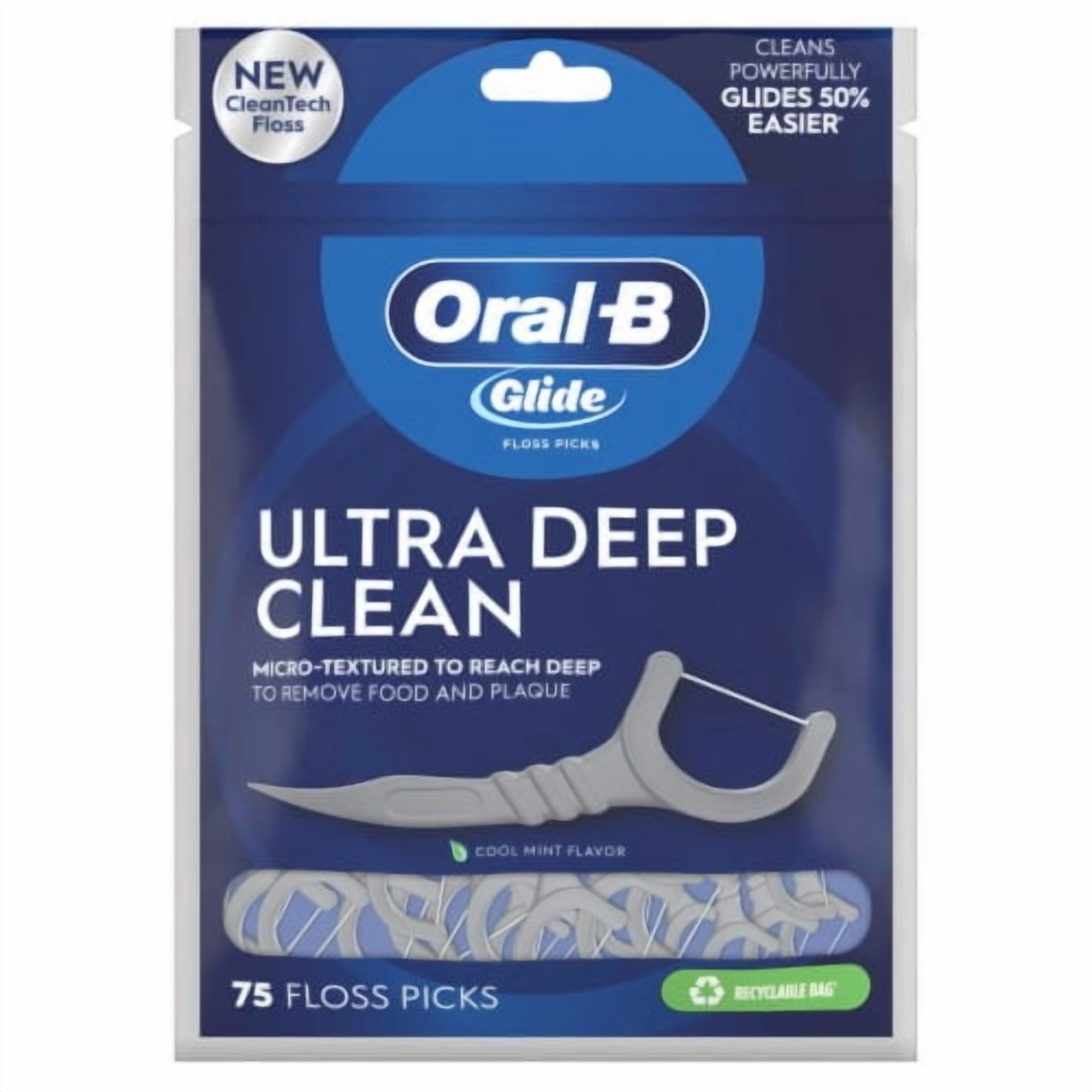 2X - Oral-B Glide Ultra Deep Clean Floss Picks, Removes Food and Plaque, Cool Mint Flavor, 75 Floss Picks