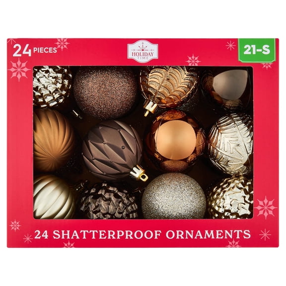 24-Count Bronze/Brown/Champagne Ball Shatterproof Christmas Ornaments, 2.8", by Holiday Time