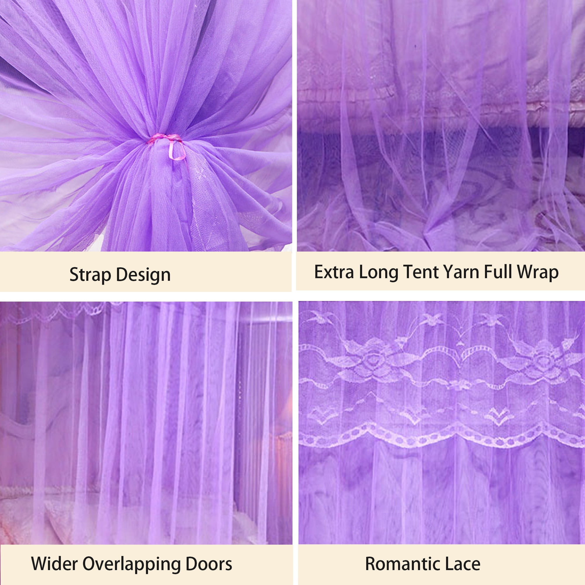 4 Corners Post Ruffle Canopy Bed Curtains for Girls Kids Adults - Cute Cozy Drape Square Netting - 3 Opening Mesh Net Canopy - Princess Bedroom Decoration