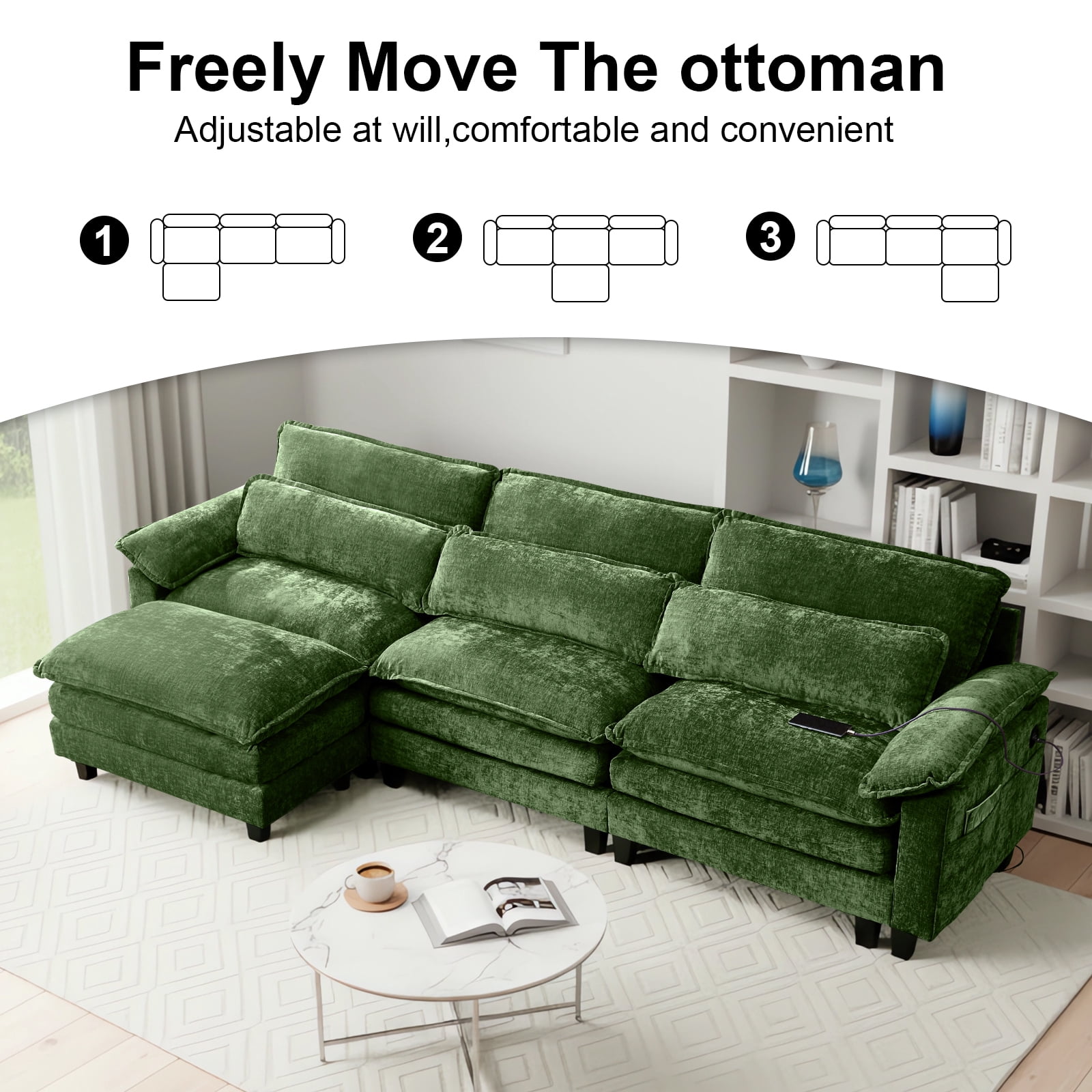 113'' Modular Sectional Sofa,L Shaped Couch with Movable Ottoman, Convertible Sectional Couches with Deep Seat, 3 Seat for Living Room Comfy Cloud Sofa with USB Side Pockets & Charging(Green)