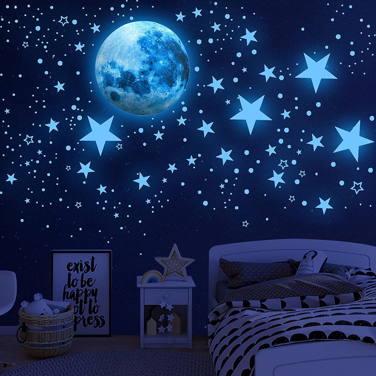 GLOW IN THE DARK MULTICOLOUR Moon+Stars Stickers Baby Kids Nursery Bed Room C... 